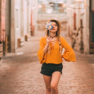 Yellow long Sleeve Blouse Bodysuit Top